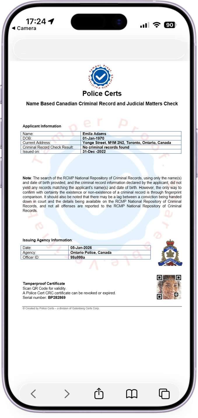 Original verified document - Police Certs Criminal Record Check